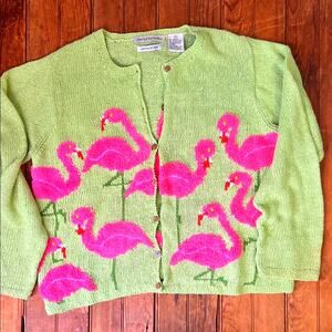 Vintage David Brooks Pink Flamingo green women’s linen  cotton Cardigan size L